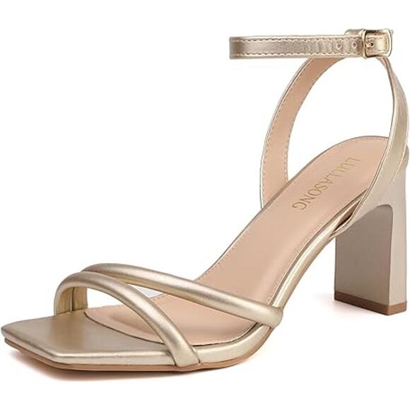 Lullasong Womens Size 10 Shiny Gold Open Toe 3.5" Heel Ankle Strap Sandals Shoes - Picture 1 of 6